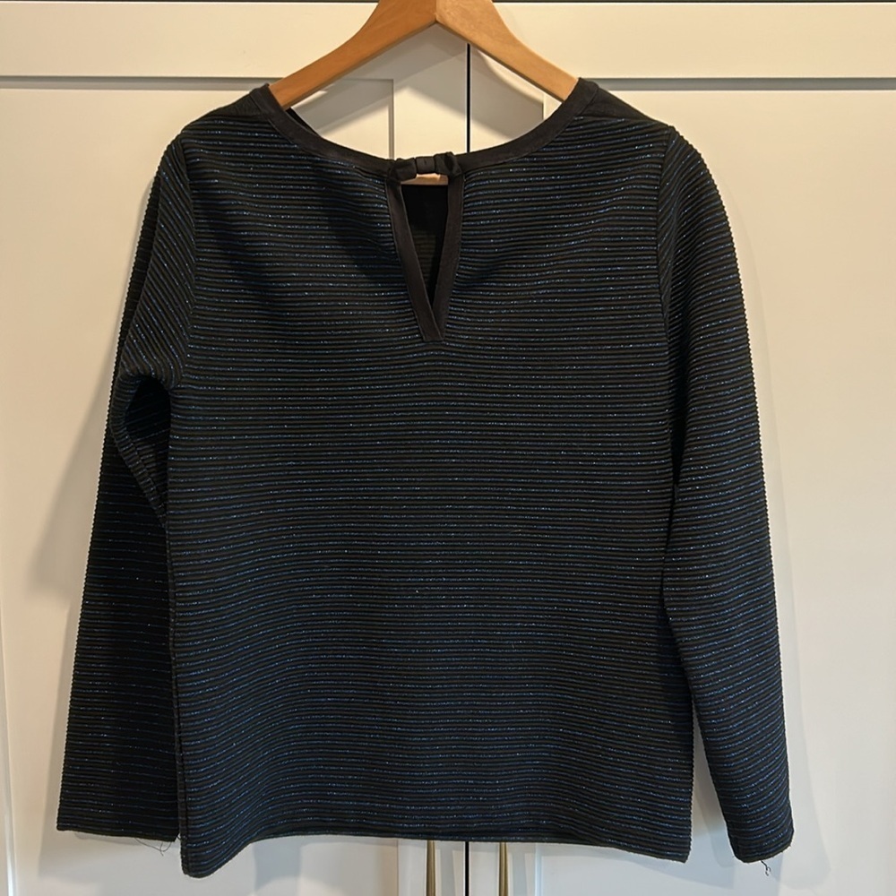 Naf Naf Black Top Sweater Blue Metallic details Long Sleeves Bow Size Medium
